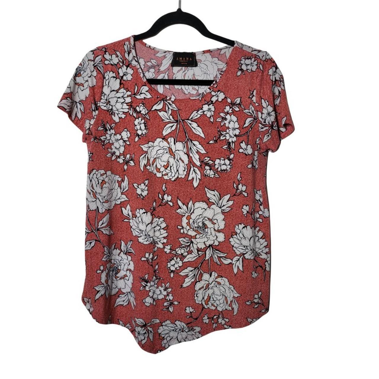 Amana Women's Red Floral Short Sleeve Blouse Size:... - Depop