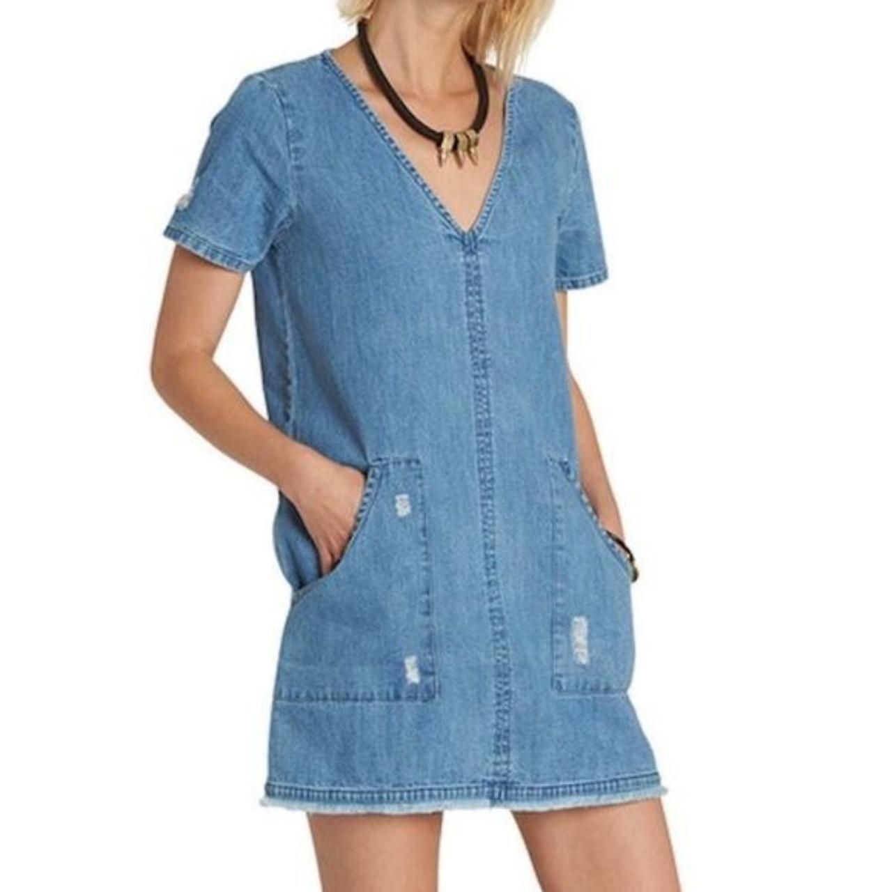 Element Denim Blue Jean Fringe Distressed Dress... - Depop