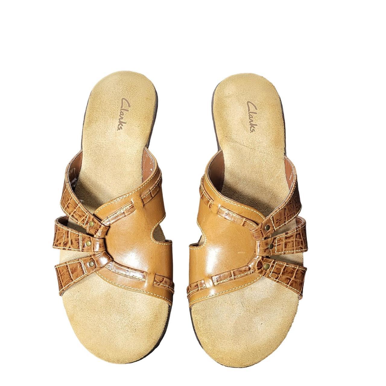 Clarks Brown Slip-On Leather Sandals Size:... - Depop