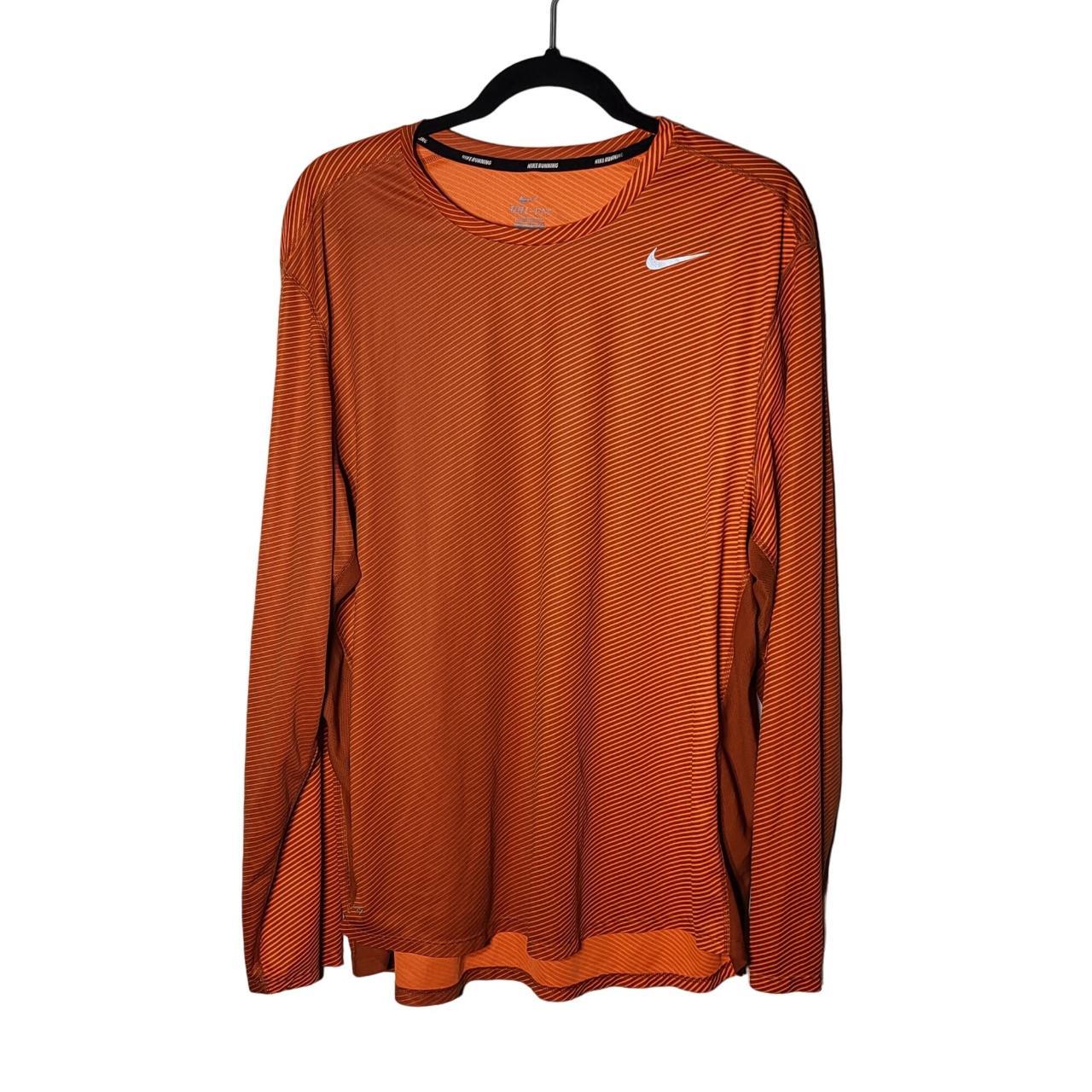 Nike Mens Running Dri Fit Orange Striped Long Sleeve... - Depop