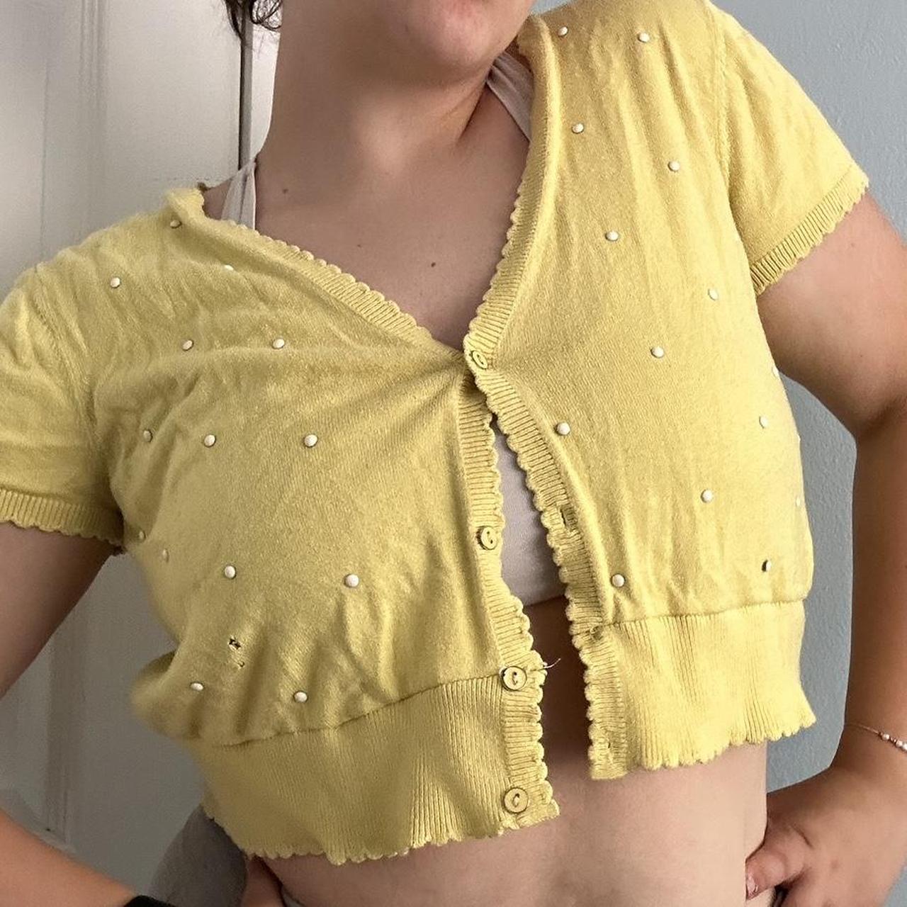 Cute yellow crop top with white pearl accents Depop