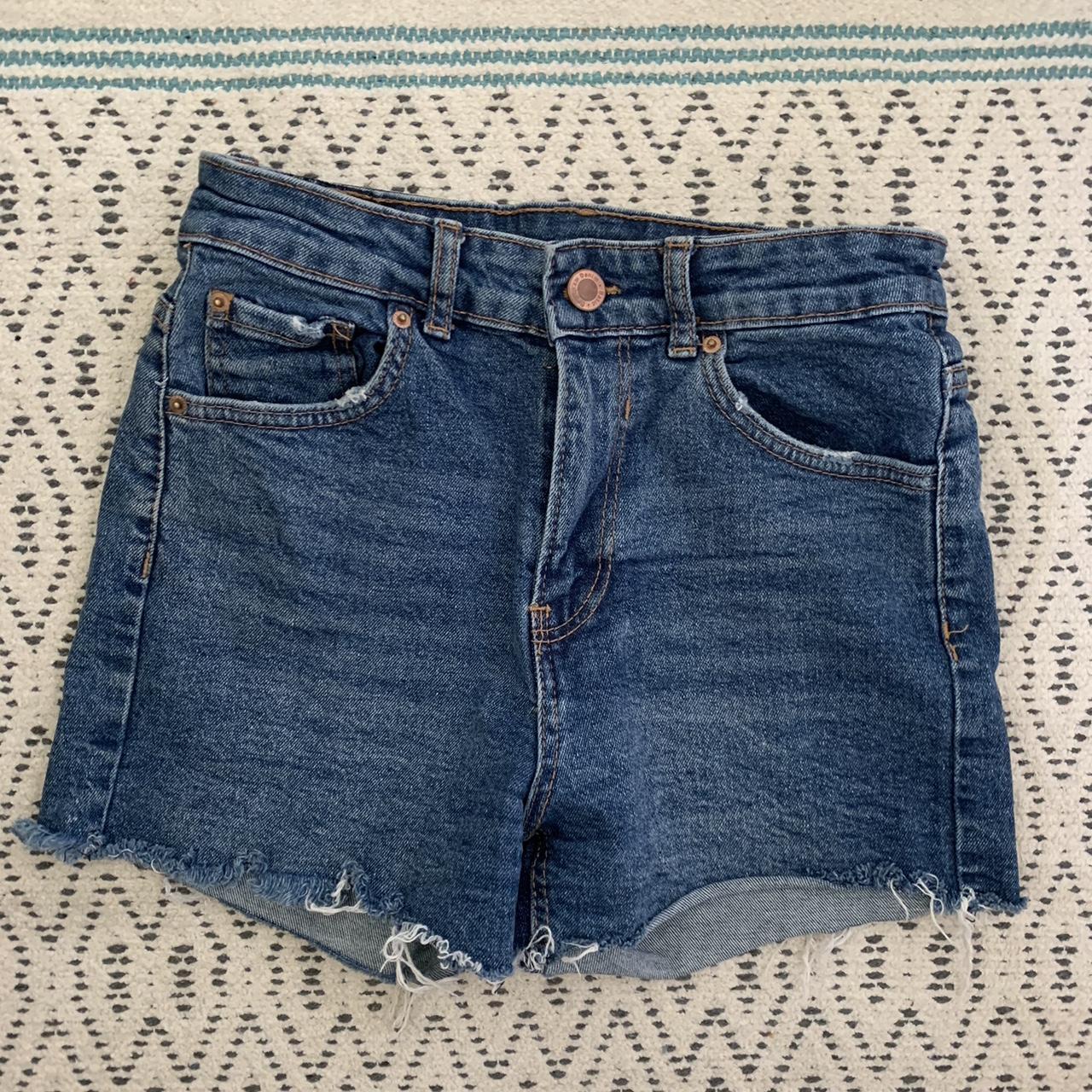 Light blue denim shorts High waisted frayed hem mom... - Depop