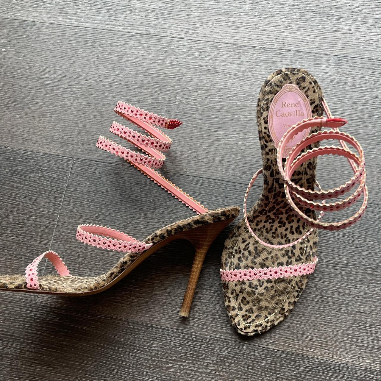 vintage renè caovilla fur heels with pink straps and... - Depop