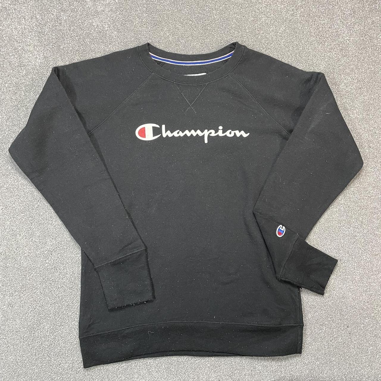 BLACK CHAMPION SWEATSHIRT Crewneck jumper with logo... - Depop