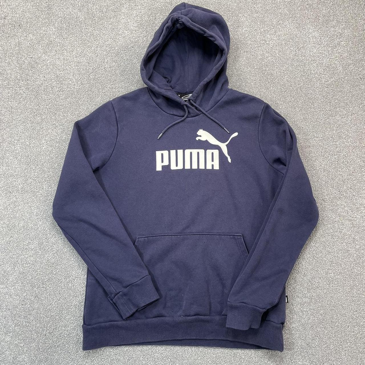 NAVY PUMA HOODIE Crewneck jumper with casual design. Depop