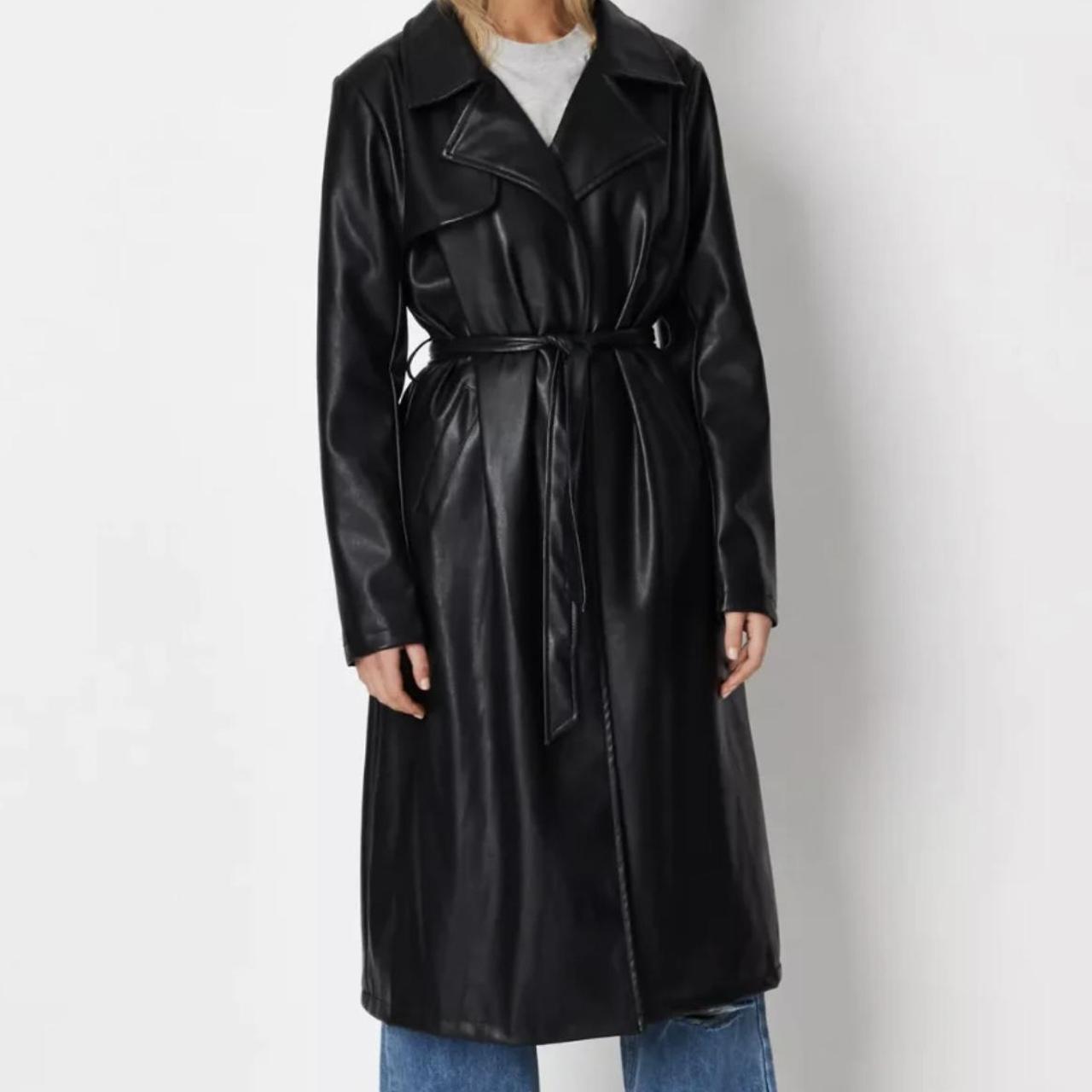 Missguided Black Faux Leather Trench Coat, perfect... Depop