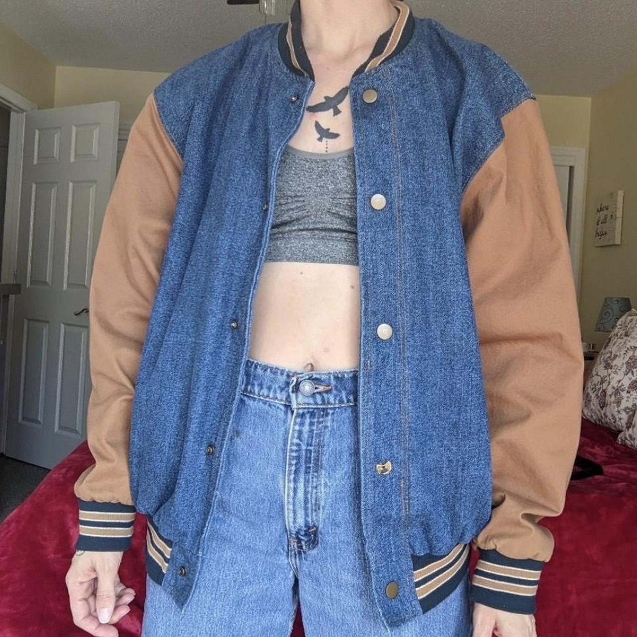 vintage y2k denim bomber jacket. This varsity style... Depop