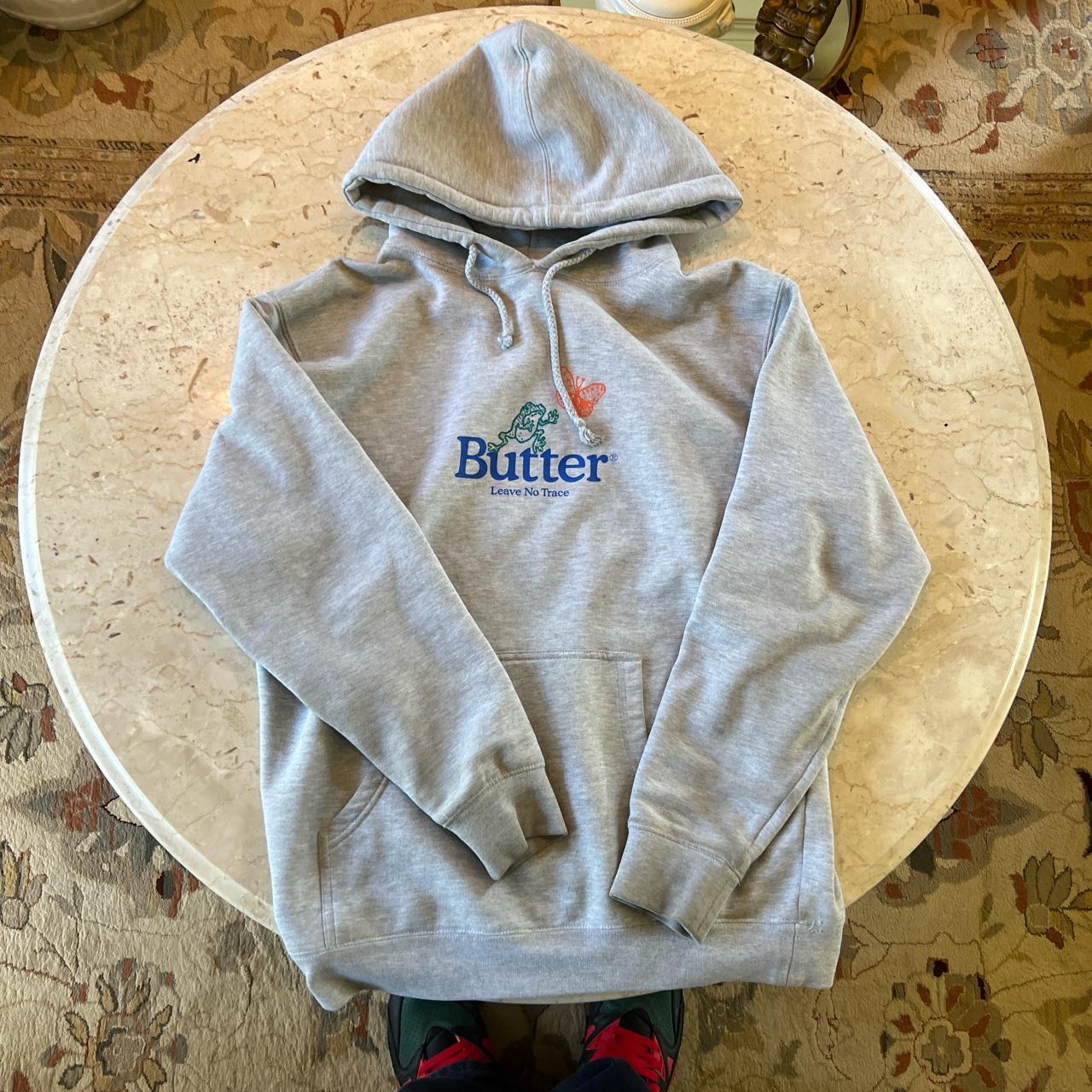 Butter Goods Men's Blue and Grey Hoodie Depop