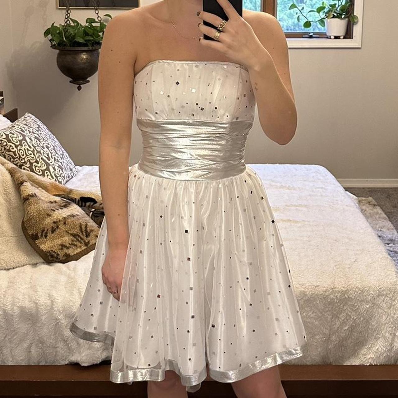 Jessica McClintock strapless metallic silver Depop
