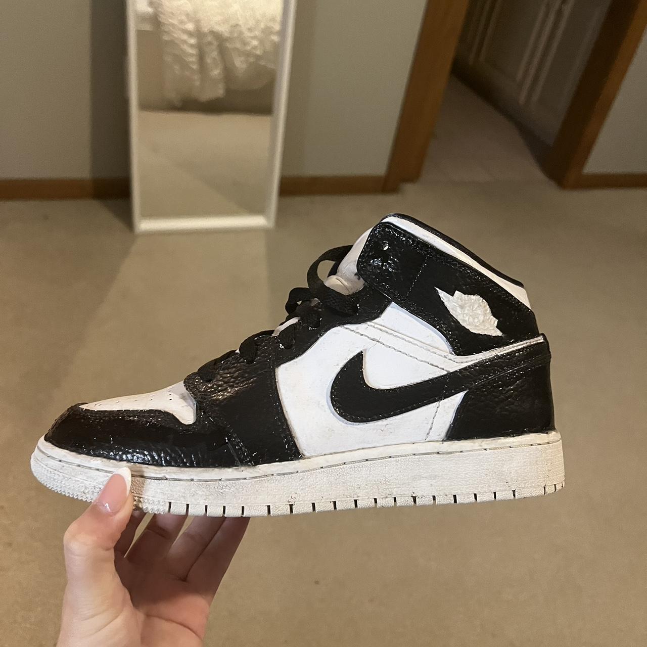 custom mid rise jordans black and white size 4.5Y Depop