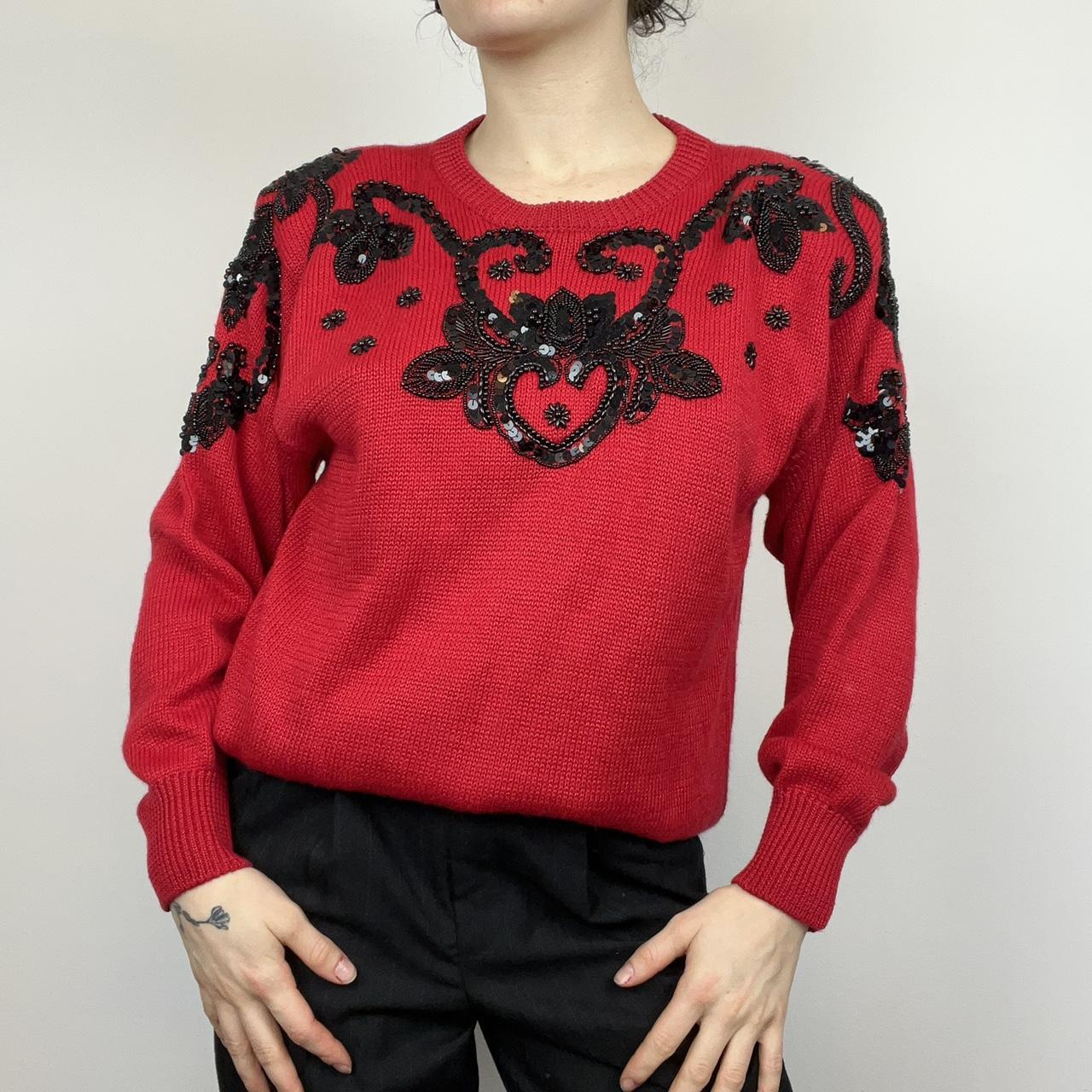 insane vintage 80’s embellished sweater, cherry red...