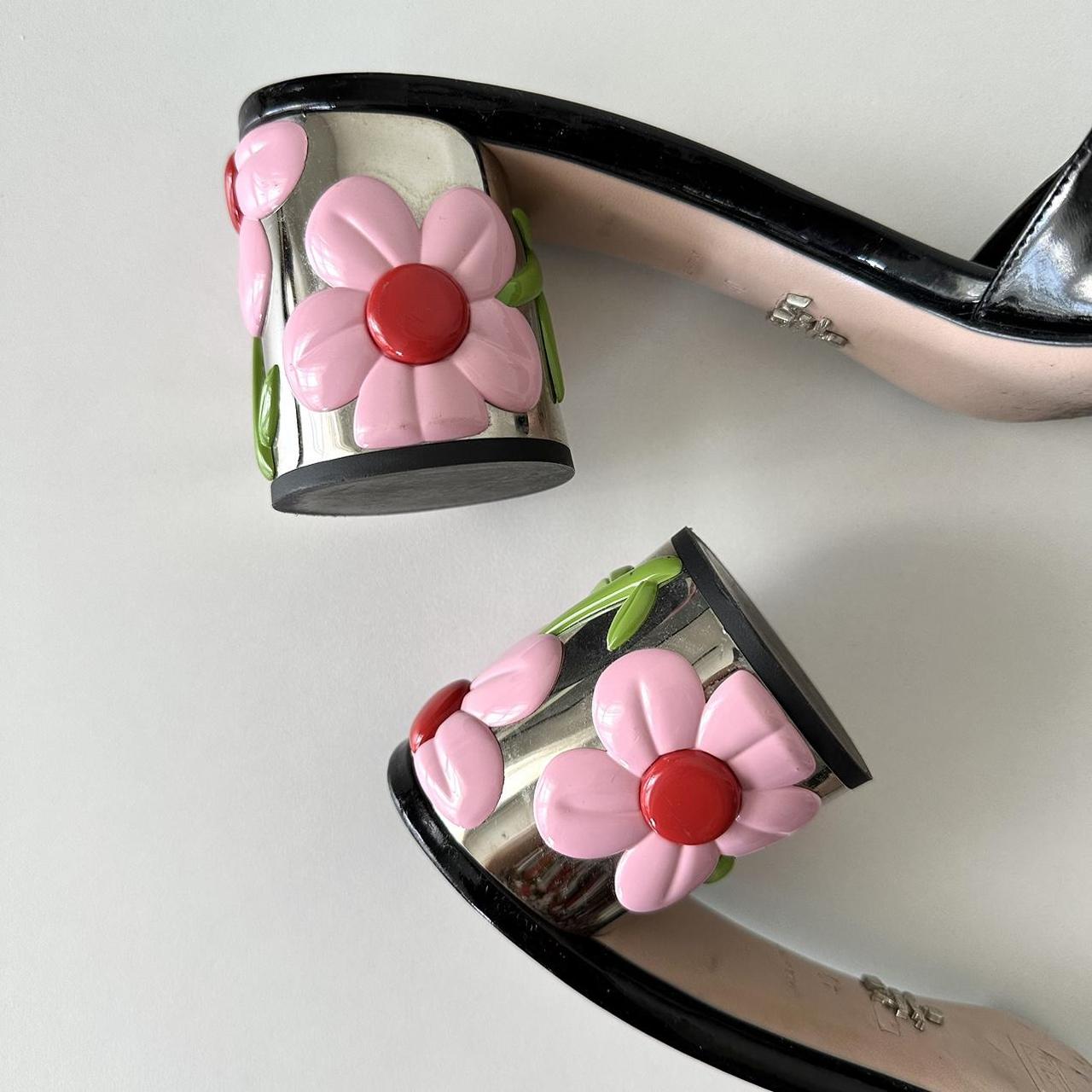 Prada Vintage Pink Flower Patent Leather Mule Sandal... - Depop