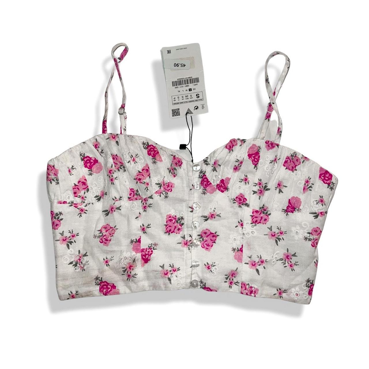 Zara Floral Linen Blend Corset Crop Top Off White Pink Bloggers Favorite Sz  XL
