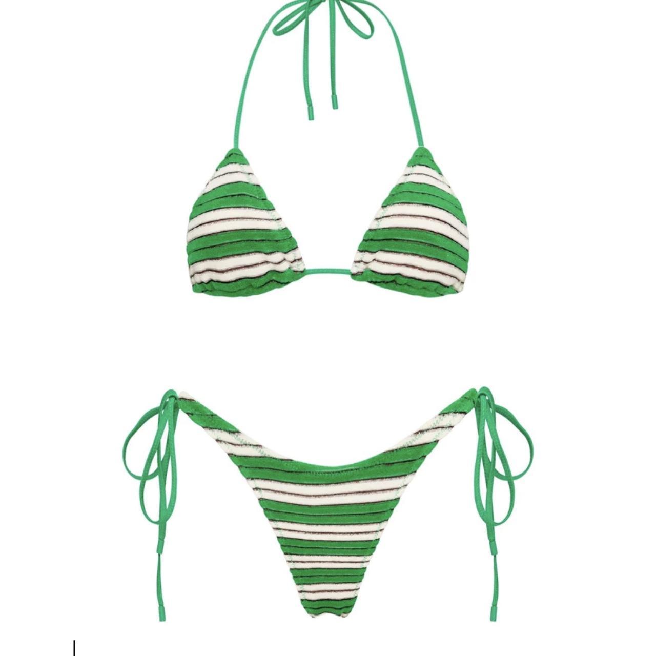 A side-tie bikini in green and white stripe terry.... - Depop