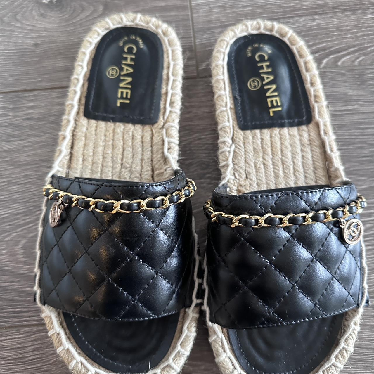 Chanel slides Leather uppers with chain detailing... - Depop