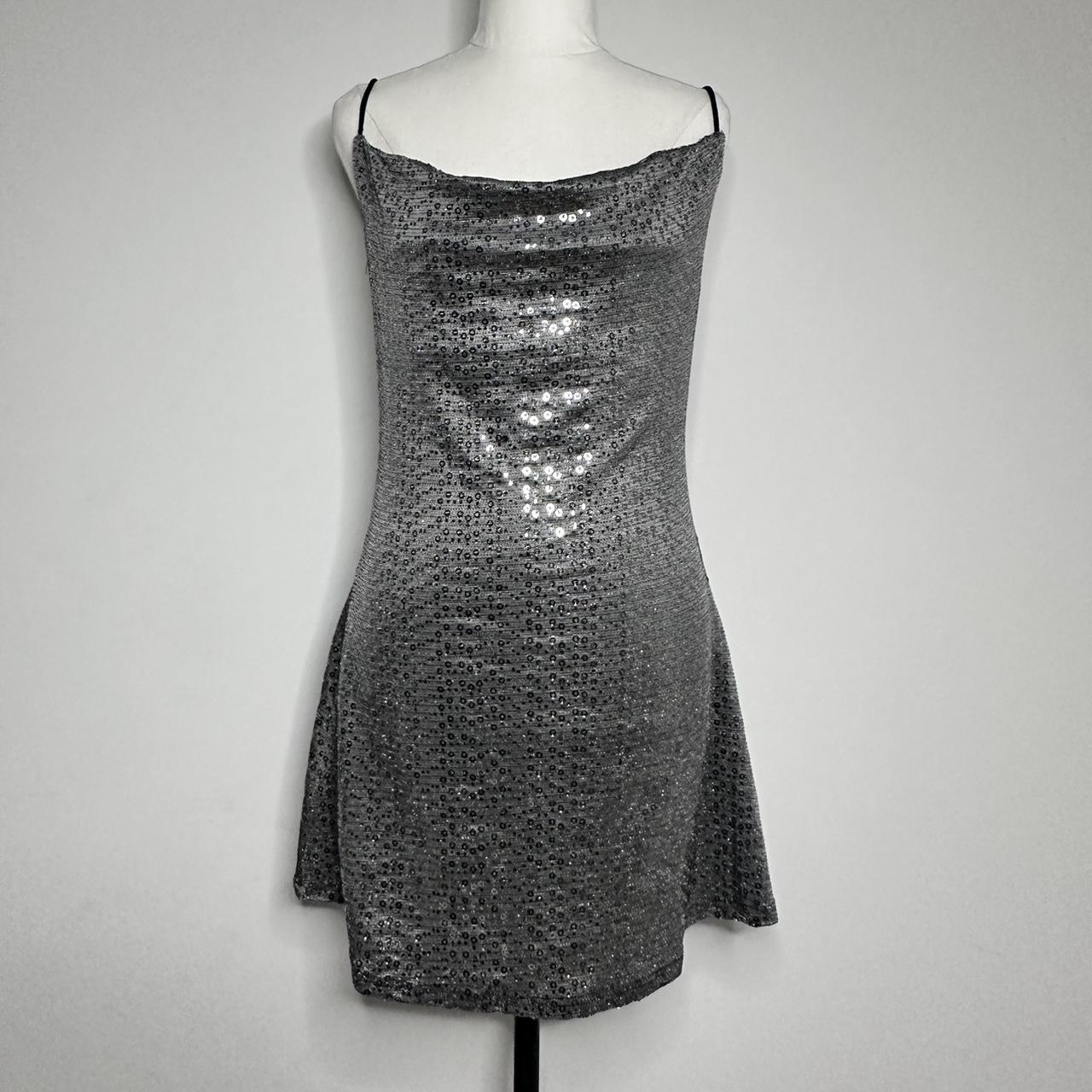 Silver sequin mini dress cowl neck Brand new with... - Depop