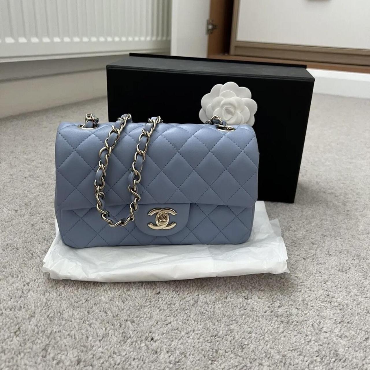 Chanel sky blue mini rectangle flap bag lambskin -... - Depop