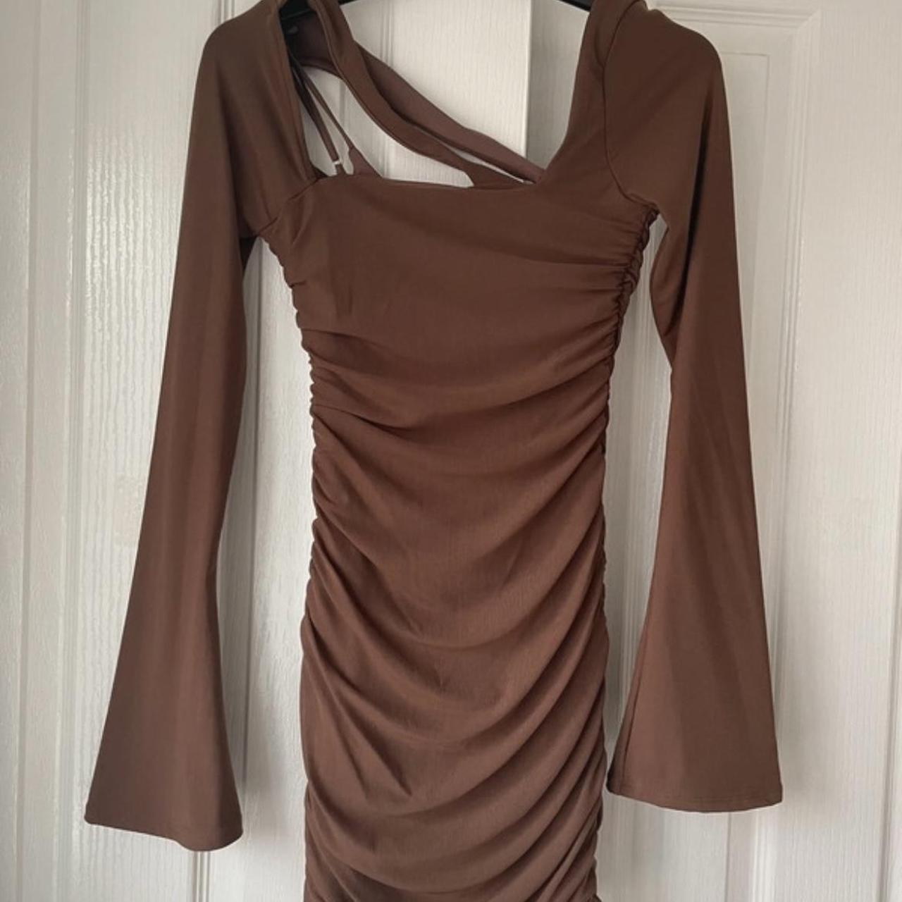 Oh polly brown ruched long sleeve bodycon dress.... - Depop