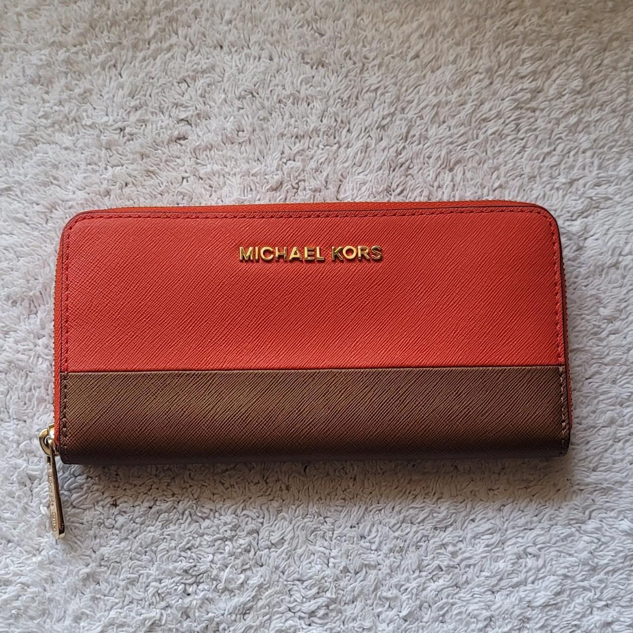 Michael kors brown and red wallet best sale