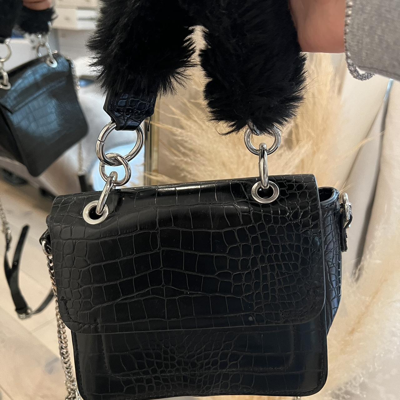 Zara black faux croc skin bag Fur handle,