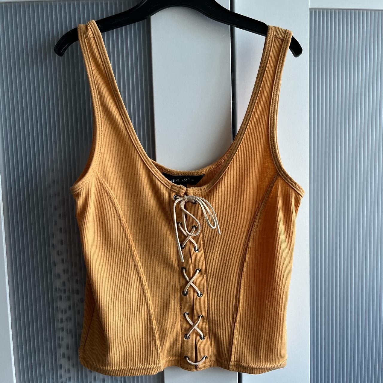 New look mustard/yellow tie up front crop vest... Depop