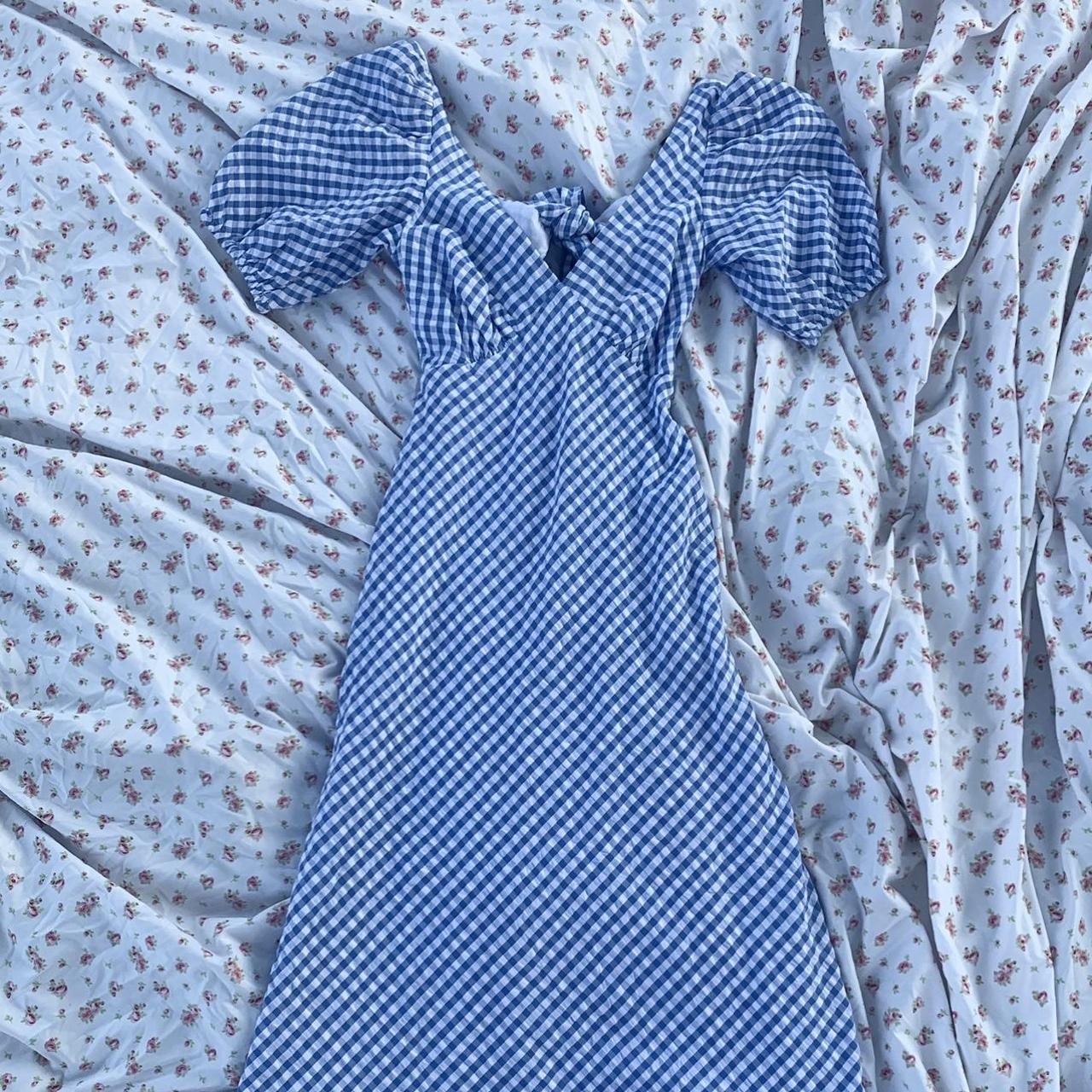 adorable blue gingham maxi dress size: small... - Depop