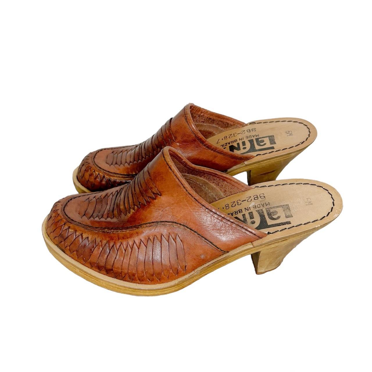 Vintage 70s cognac brown woven leather wooden clog