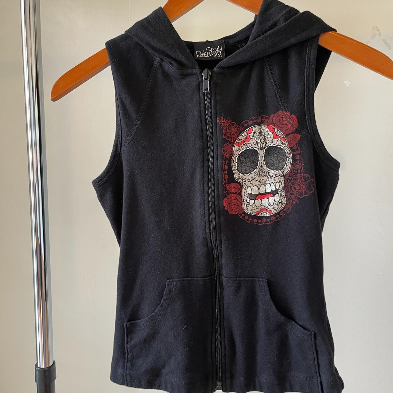 Women s sleeveless hoodie with skull and flower. Depop