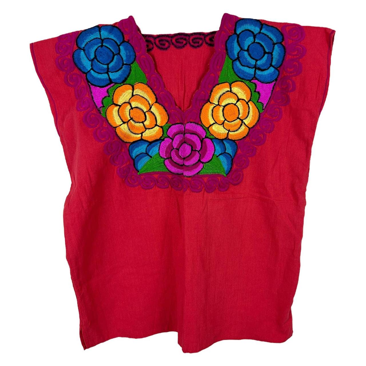 Vintage 70s Mexican Vibrant Floral EMbroidery Red...