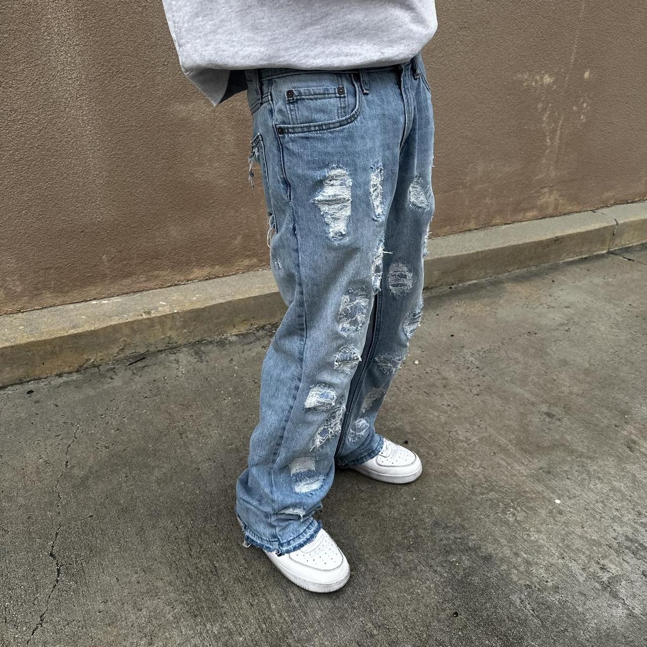 Undercover style jeans, distressed and repaired... - Depop