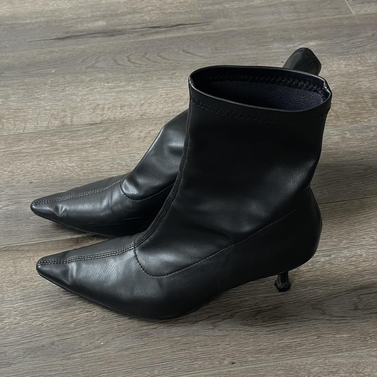 90s inspired faux leather boots with pointed toe and... - Depop