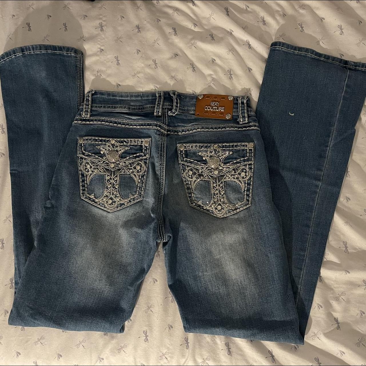 Flared denim jeans with crosses size 7 - Depop