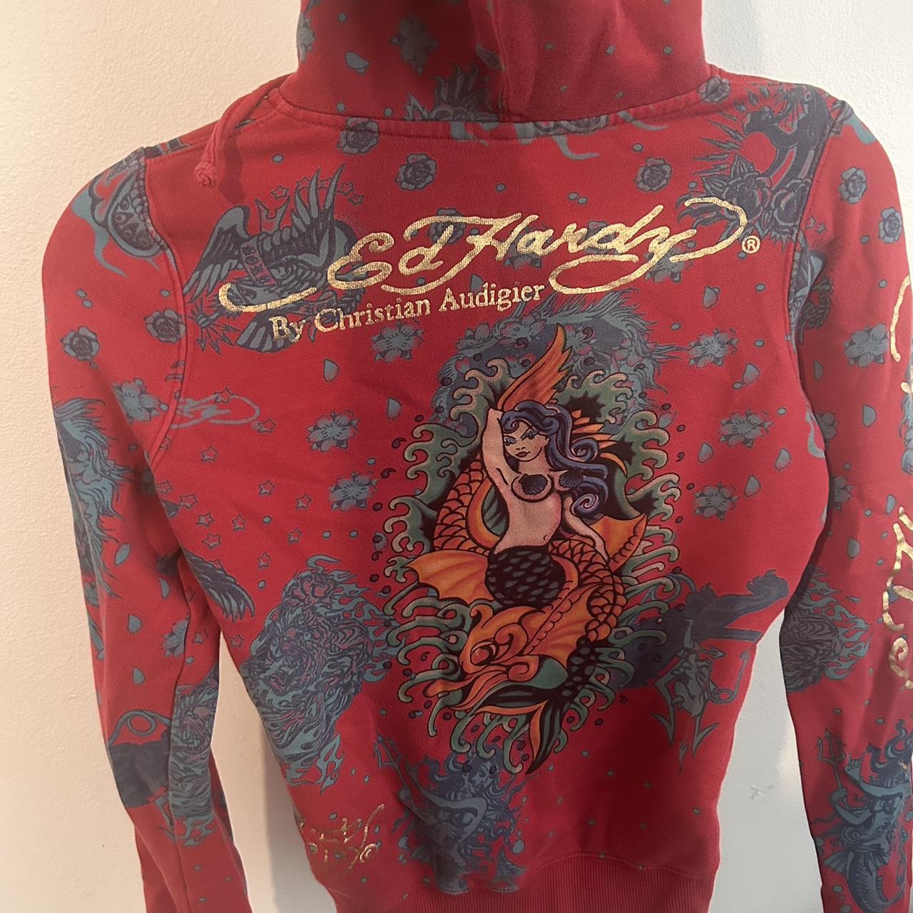 ED HARDY Red Mermaid Jacket with gold hood Did not... - Depop
