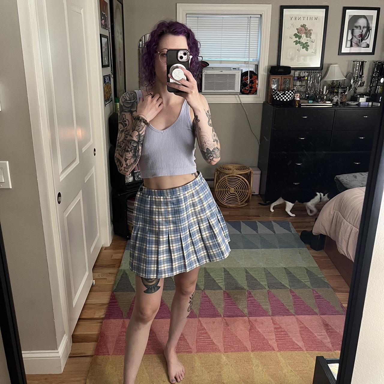 Blue and white plaid mini skirt super cute