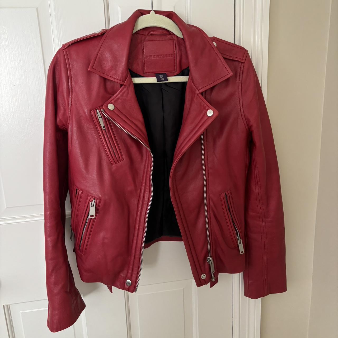 Red leather jacket genuine leather moto silver Depop