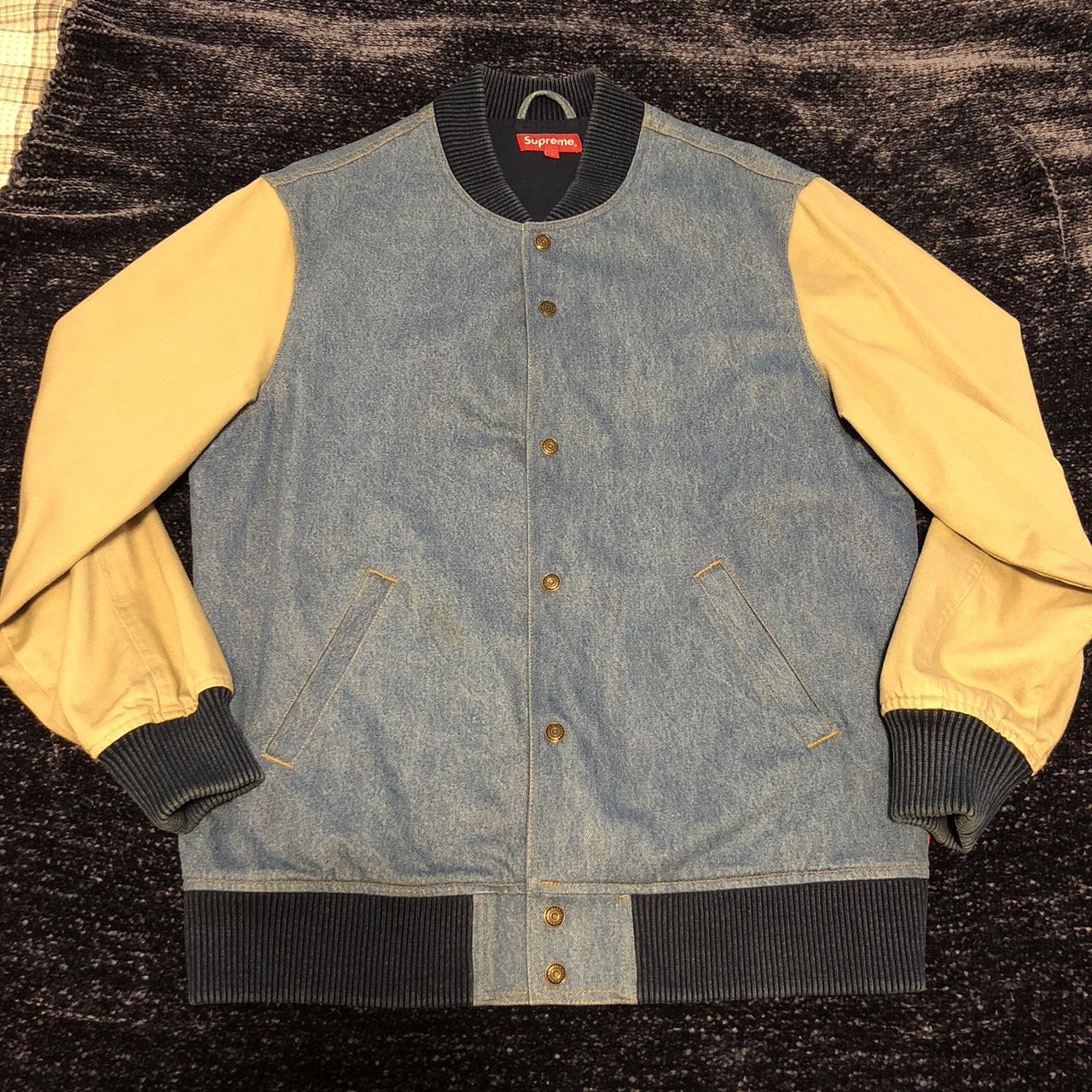Supreme FW14 Denim Twill Varsity Jacket Size... - Depop