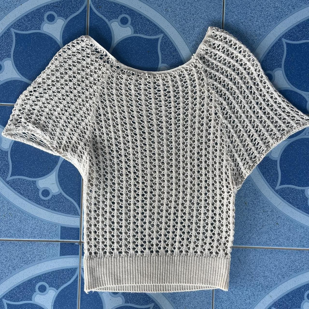 Cream / beige knitted crochet short sleeve top... - Depop