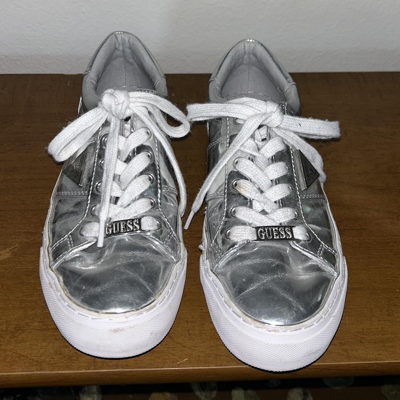 Silver metallic Guess sneakers with a cool shiny