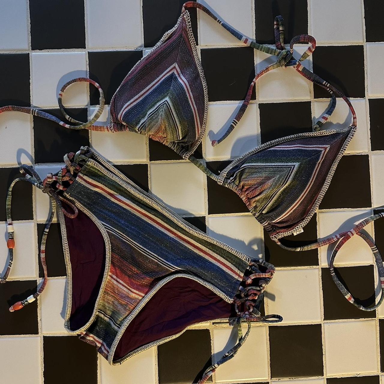 BECCA bikini set Glittery fabric with beaded ends... - Depop