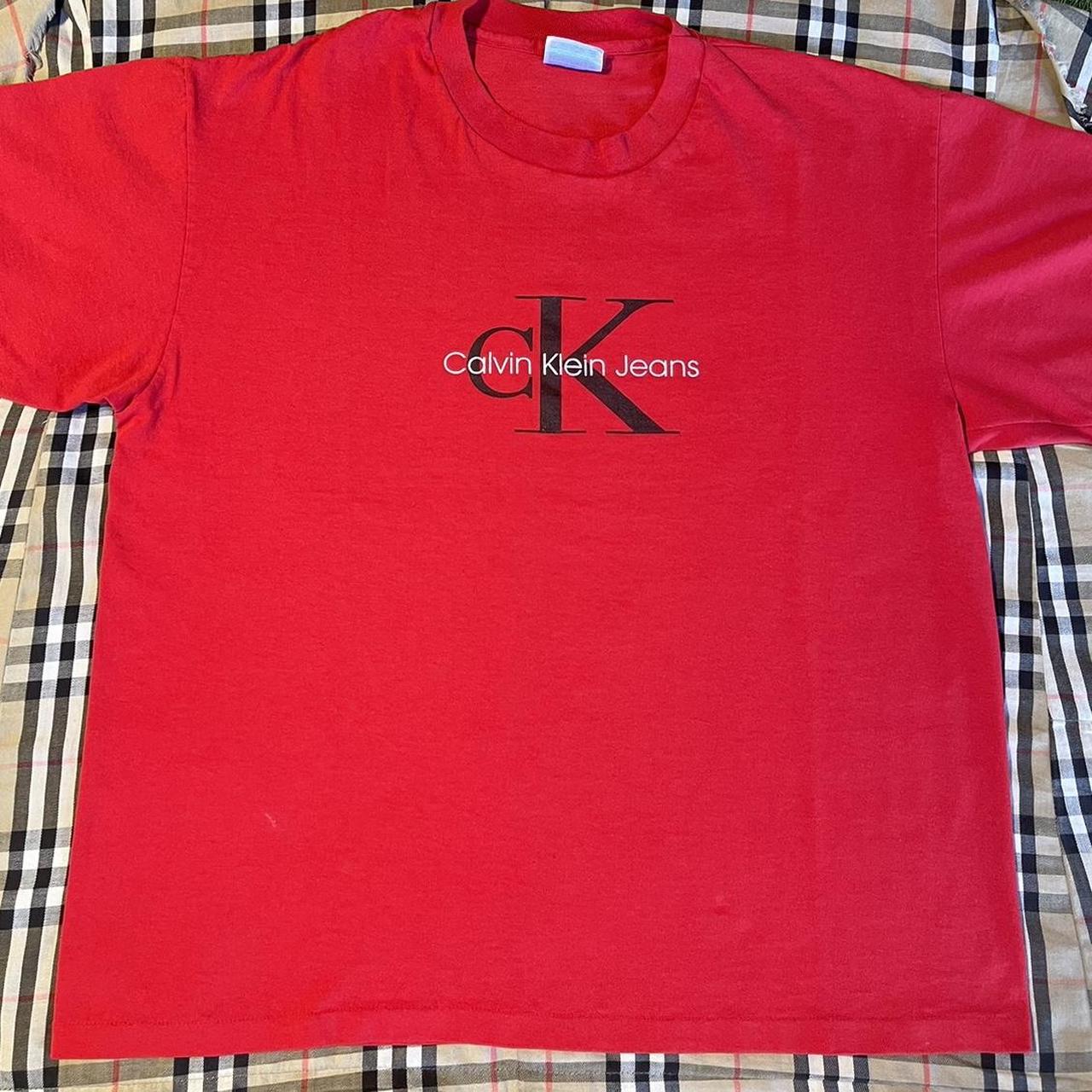 Calvin Klein Jeans Men's Red and Black T-shirt | Depop
