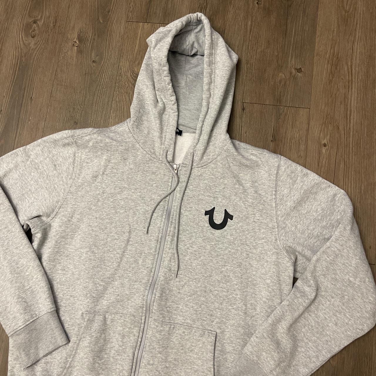 True Religion Grey Double Sided Buddha Hoodie Size... - Depop