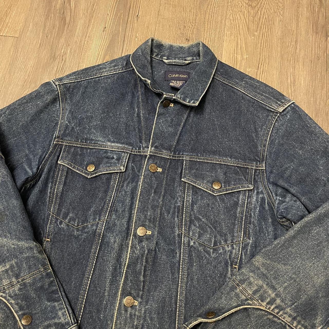 Vintage Calvin Klein Dark Blue Denim Trucker Jacket... - Depop