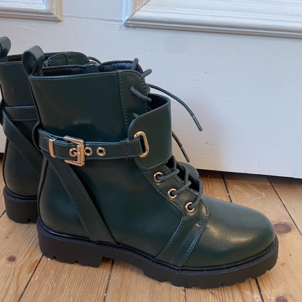 Green Vegan Leather Combat Boots w/ Gold Details.... - Depop