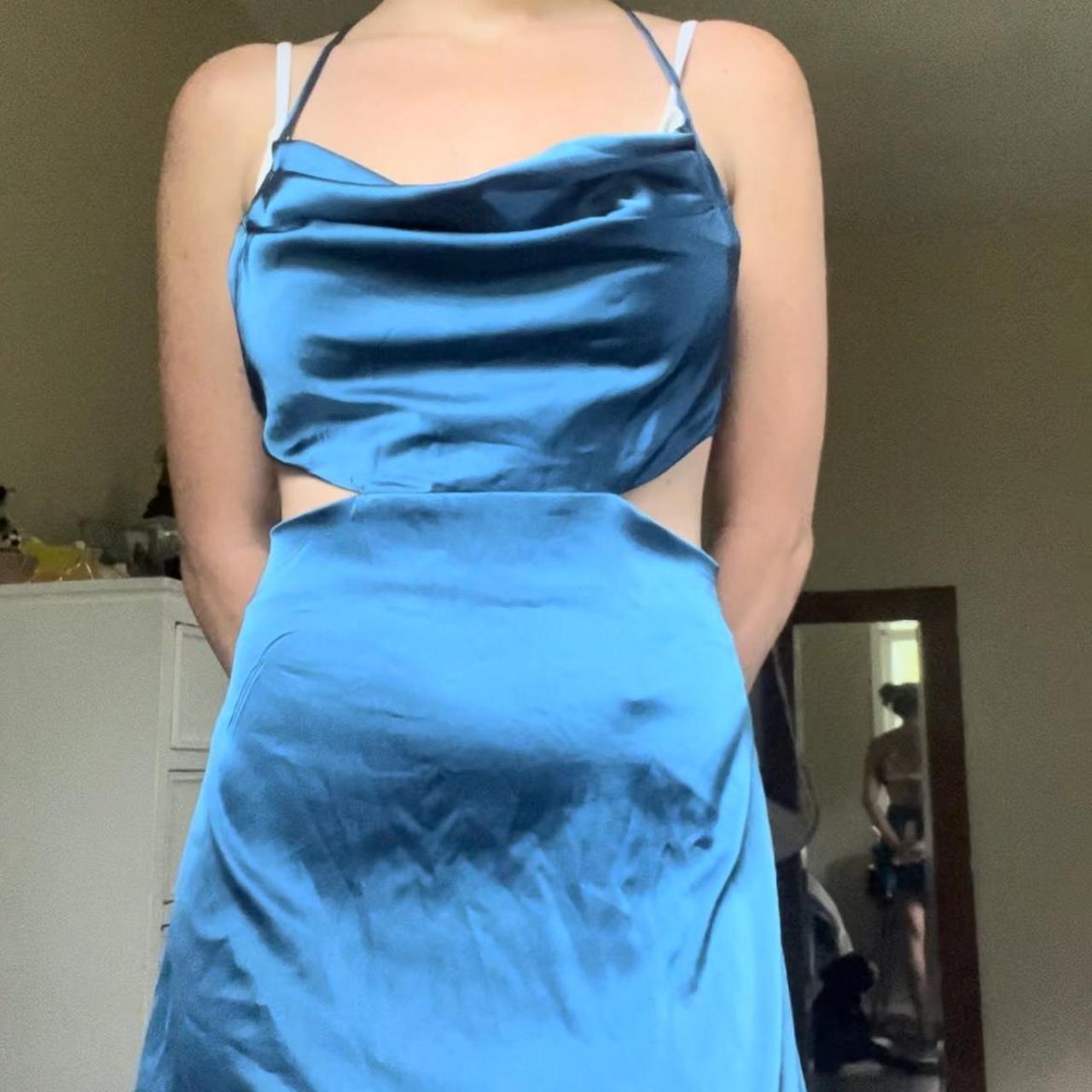 ~BLUE SATIN BACKLESS+COWL NECK MINIDRESS~ I fell in... - Depop