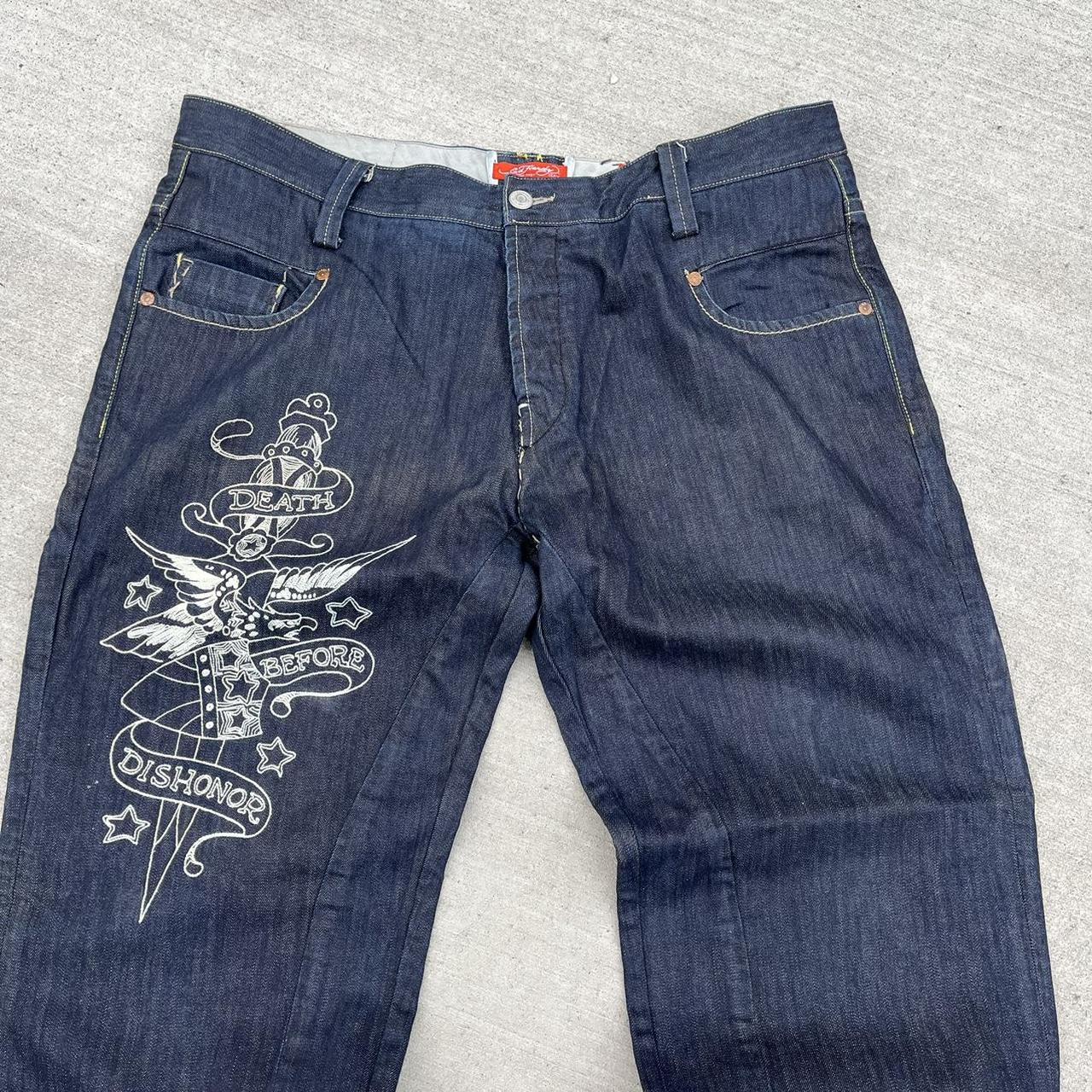 Ed Hardy Men's Navy and White Jeans | Depop