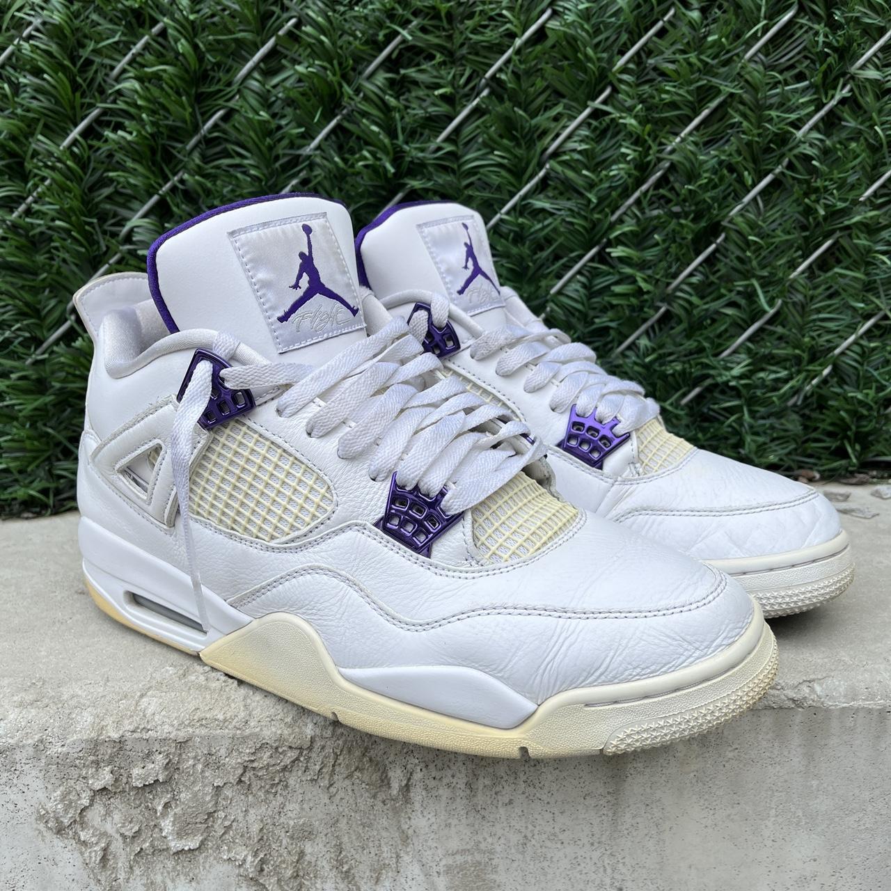 Purple and cream store jordans