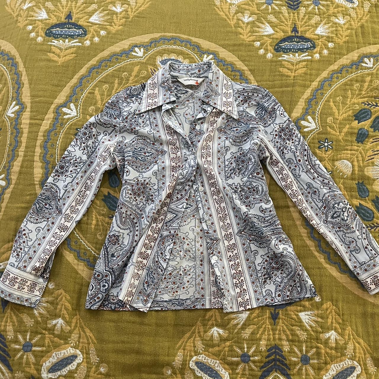 Vintage blue paisley button up blouse Size: S - Depop