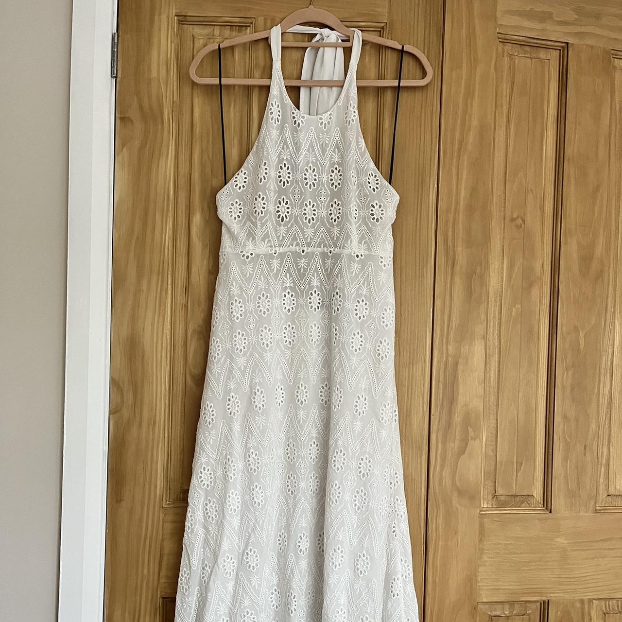 Zara Off-White Midi Halter Neck Embroidered Dress... - Depop