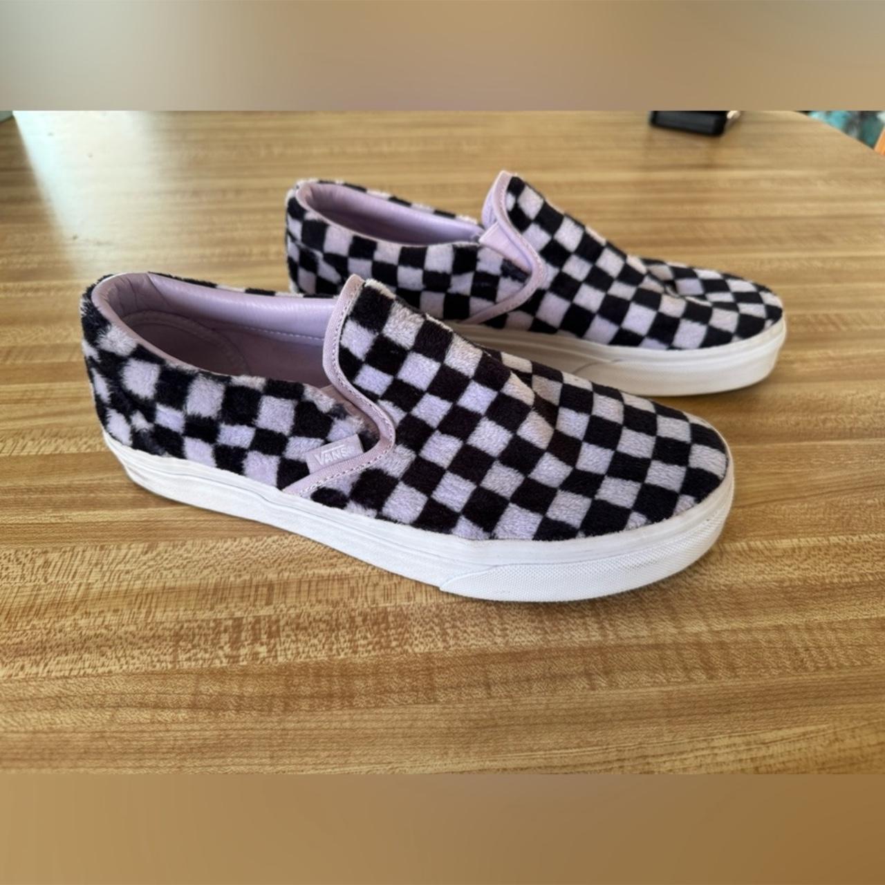 Purple Fuzzy Checkered Slip on Vans Great condition. Depop