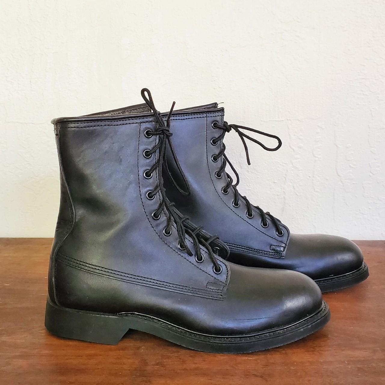 Vintage combat boots. Black leather. Steel toe. 1986... - Depop